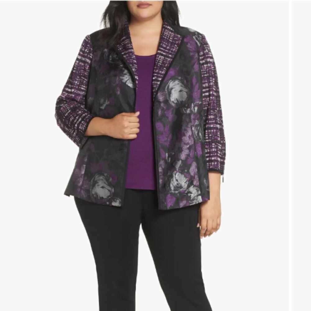Ming Wang Contrast Jacket Heritage Fit Womens Blazer Size MP Purple Floral Print